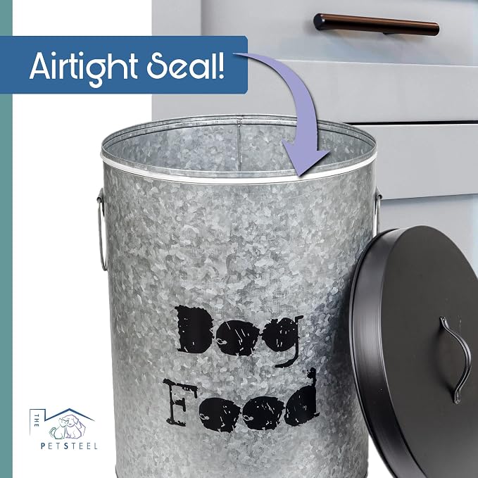 Large Dog 60lb Pet Food Storage Canister or Dog Bin with Scoop – Durable & Airtight for Freshnesss, Minimalist Design & Recyclable, Huge Large Metal Container