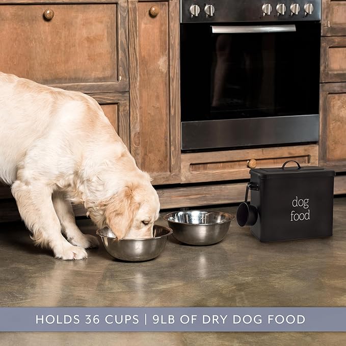 AuldHome Design Retro Dog Food Canister (Black); Modern Farmhouse Style Storage Bin for Pet, Stainless Steel, Black
