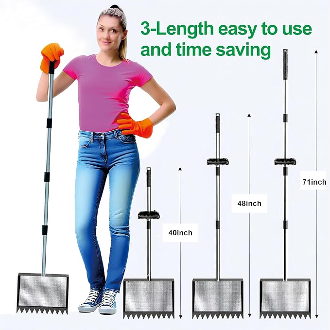 Chicken Poop Scooper & Rake 3-in-1, Metal Coop Shovel, Sand Sifting Shovel, Pet Waste Cleans. Litter Sifting Cleaning Tool with 35" to 62" Adjustable Stainless Steel Handlele