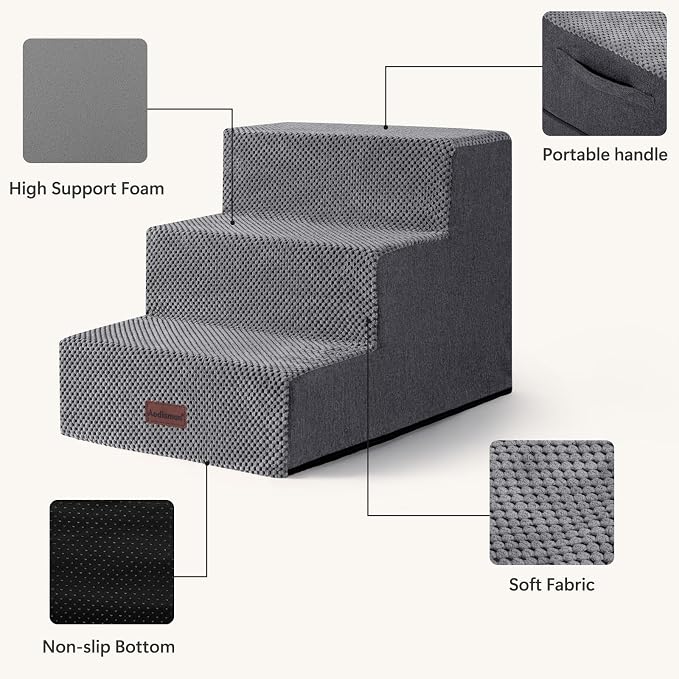 Aodisman Dog Stairs for Small Dogs, 3-Step Wider Pet Stairs for Couch and Beds, Non-Slip Dog Steps for Old Cats, Puppy, Small Medium Dogs,15.7" H,Grey