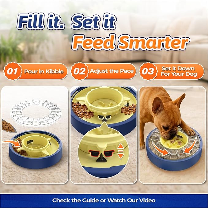 KADTC 5-60 Min Adjustable Slow Feeder Bowl for Fast Eaters, Spinning Dog Puzzle Feeder, Anti-Gulping Interactive Food Dispenser, 4-Cup Capacity, Mental Enrichment Treat Toy