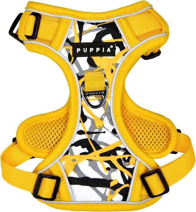 Puppia Abstract Dog Harness H Sturdy Adjustable Neck and Chest Reflective Paint Pattern Front and Back D-Ring for Small and Medium Dogs, Yellow, Medium