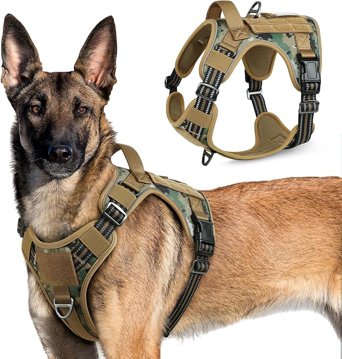 rabbitgoo Tactical Dog Harness for X-Large, No Pull Military Service Vest | Molle & Handle, Heavy Duty, Adjustable, Reflective Straps, Easy Control for Training Walking, Brown camo, X-Large