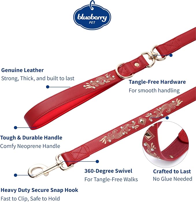 Blueberry Pet Premium Red Leather Dog Leash with Gold Baroque Embroidery