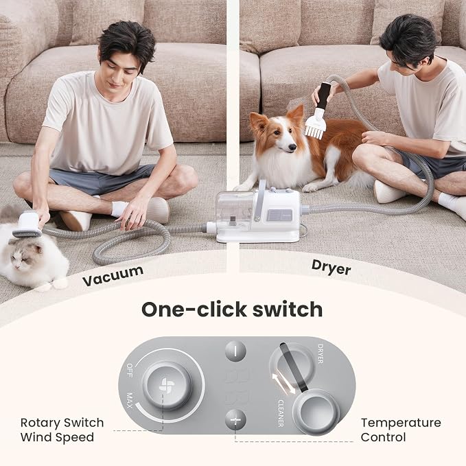 Pecute 7-in-1 Dog Grooming Vacuum & Dryer for Heavy Shedding | 10000Pa suction, adj suction & temp, home & salon use, 55dB low noise, 1.7L dust cup, reduces flying hair, easy cleanup