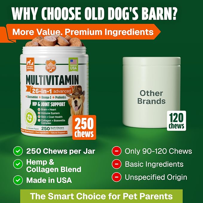 Dog Vitamins and Supplements 250 Chews - 26 in 1 Dog Multivitamin Soft Chews with Glucosamine, Chondroitin, Probiotics, Omega 3 - Hip & Joint, Skin & Coat, Immune Support - Chicken Flavor