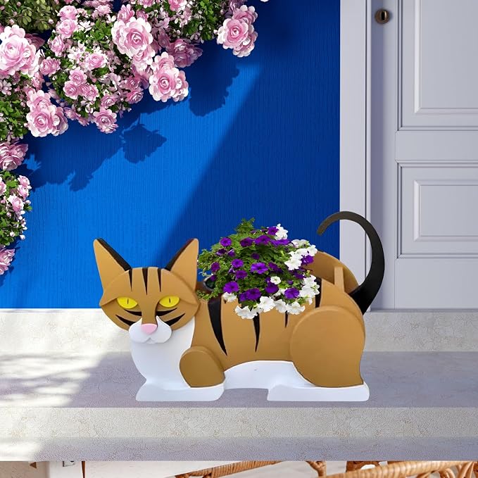 Orange and White Cat Planter Pots, Animal Shaped Flower Pot