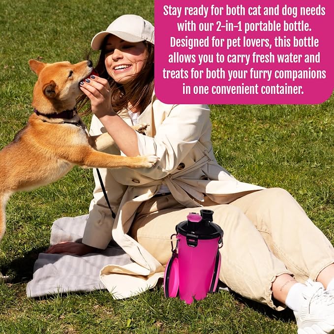 2-in-1 Dog Travel Water Bottle with Collapsible Bowl, Pink