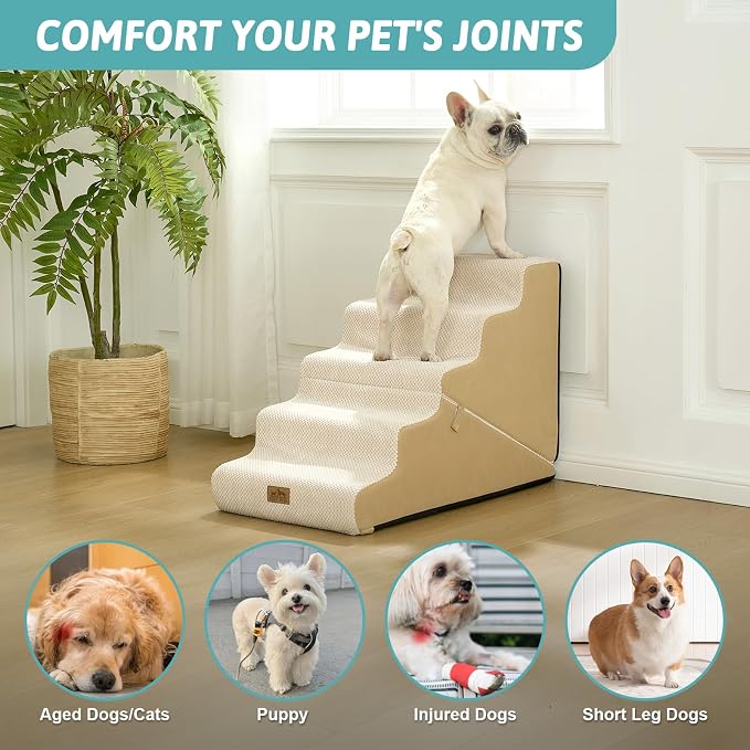 COZY KISS Dog Stairs for Small Dogs, 5-Step 2-in-1 Dog Steps,22.4" H | 5-step dog stairs and ramps for Old Cats, Puppy, Small Dogs,Non-Slip Base,for Couch & Bed, Beige