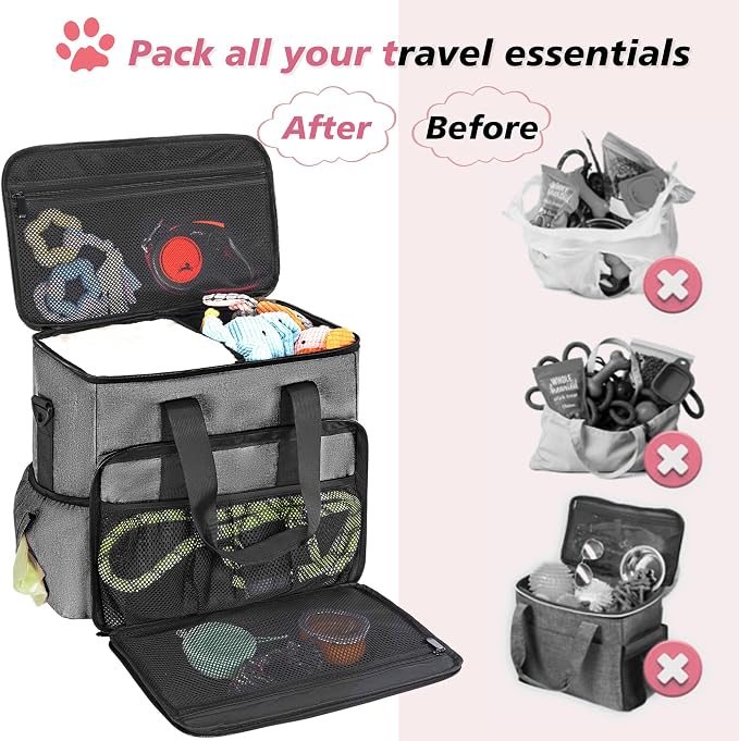 5-Set Dog Travel Bag with Food Containers, Bowls & Placemats, Grey