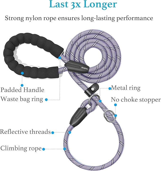 iYoShop Durable Slip Lead Dog Leash, 1/2" x 5 FT, Lavender | Padded Handle, Reflective Threads, No Pull, Dog Training Leash