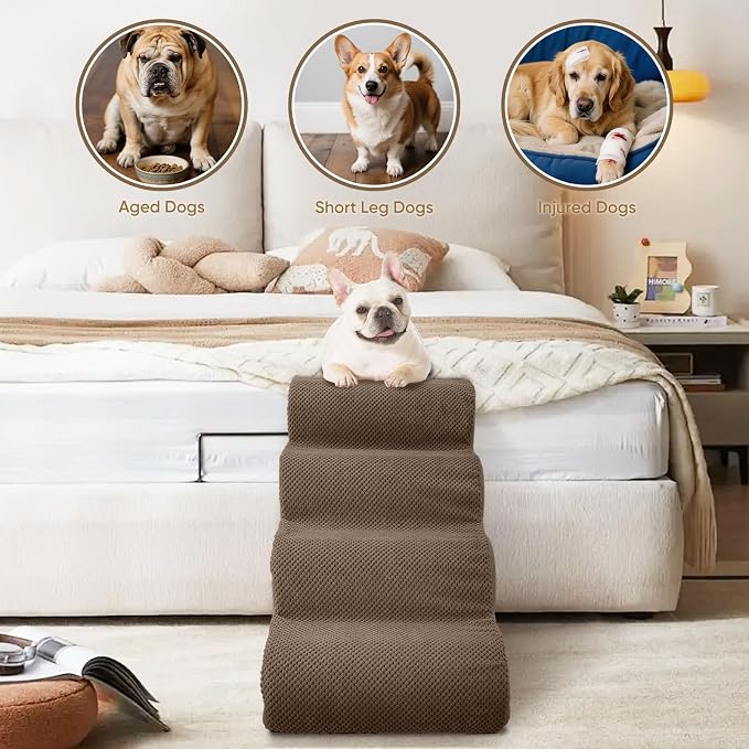 PAWSCRAT Pet Stairs for Dogs 3-Step, 15.7" H Pet Stairs for High Bed, Couch Sofa & Chair, 30D Material Soft Foam Dog Steps with Non-Slip Bottom Surface Removable Washable Cover, Brown