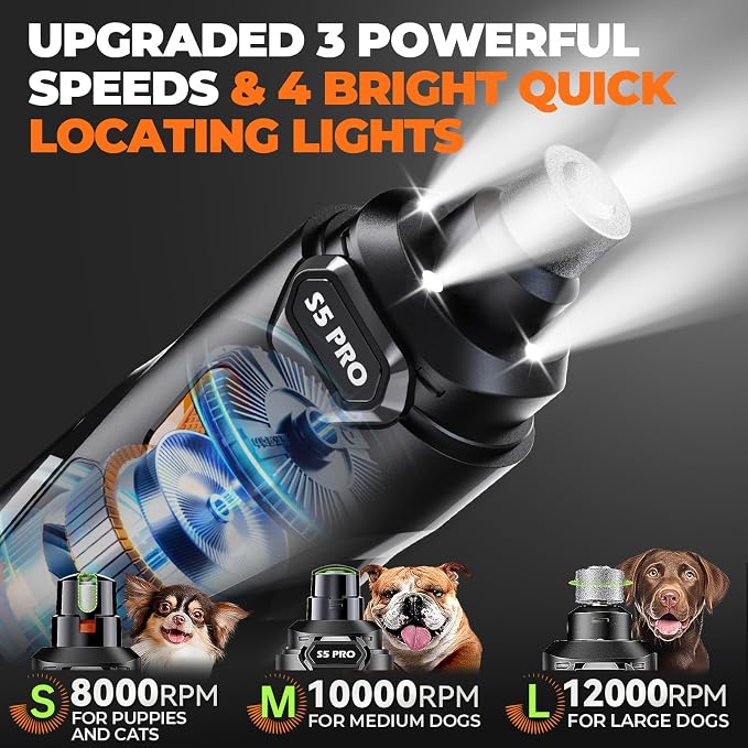 Whisper Quiet Dog Nail Grinder with 4 LED Lights, 3-Speed