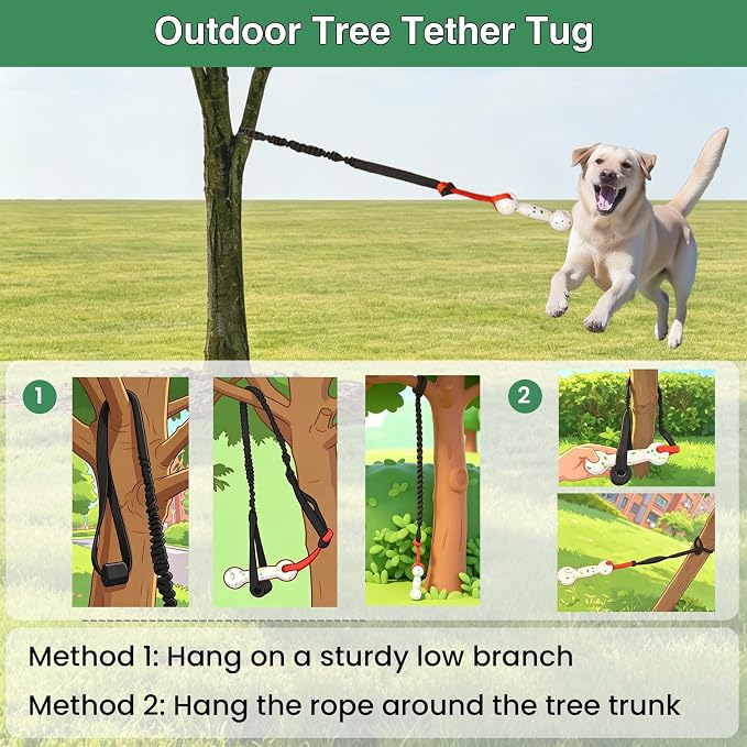 Dog Door Bungee Tug Toy, 4 Pieces, Small Medium Dogs 20 to 50lbs | 5ft Bungee Rope, Indoor & Outdoor Hanging, Tree Tether Rope for Yard, Spring Pole, Interactive, Tug of War, Ball