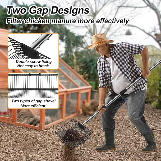 15 inch Large Chicken Poop Scooper and Rake for Sand for Shavings 74" Heavy Duty Pooper Scooper Long Handle Chicken Coop Scoop for Cleaning Tools 5-in-1 Sifting Shovel for Chicken Scoop supplies