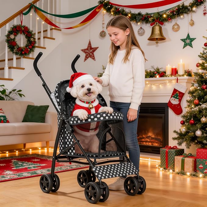 MoNiBloom 4-Wheel Foldable Pet Stroller - Black Polka Dots