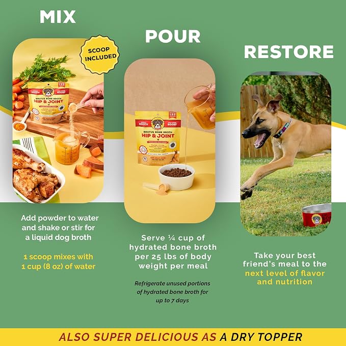 Brutus Broth Dog Food Topper - Instant Bone Broth Powder for Dogs - Supports Hip and Joint Function - Human-Grade Quality, Serve Dry or Wet - Chicken Flavor, 3.5 oz (Pack of 1)