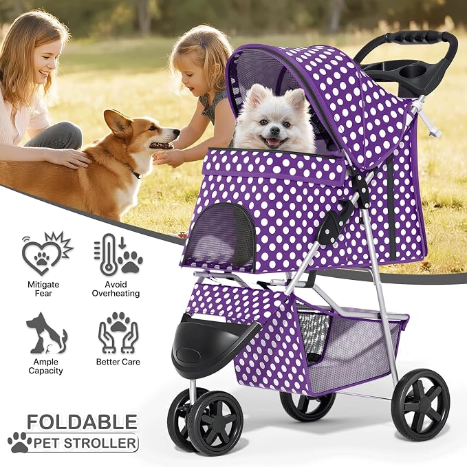 MoNiBloom Foldable Pet Stroller - Purple Polka Dots, 3 Wheels