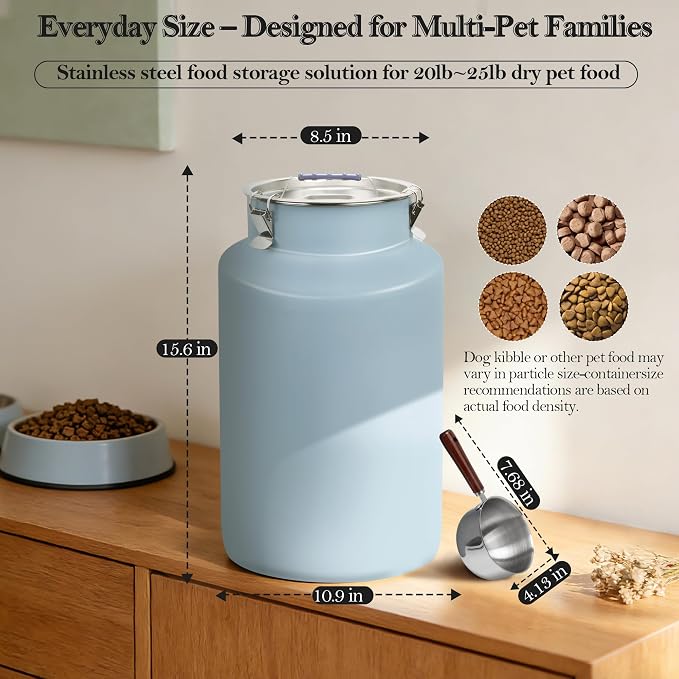 25lb Stainless Steel Dog Food Storage Container with Lid and Scoop, 25lb, Stainless Steel, Blue