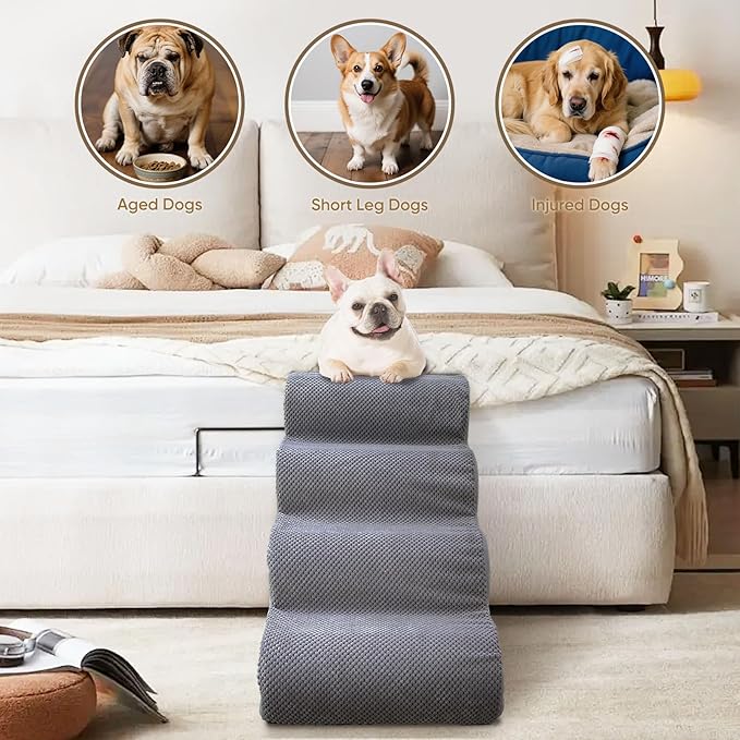 PAWSCRAT Pet Stairs for Dogs 4-Step, 19.6" H Pet Stairs for High Bed, Couch Sofa & Chair, 30D Material Soft Foam Dog Steps with Non-Slip Bottom Surface Removable Washable Cover, Grey