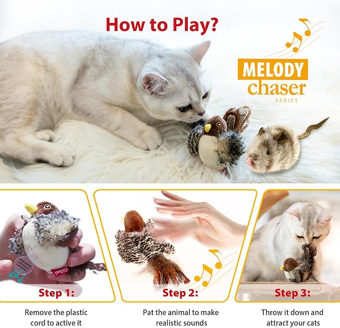 Gigwi Automatic Cat Toys Pack, Interactive Electronic Squeaky Animals Bird and Mouse, Plush Toys for Cats to Play Alone, 2 Pcs