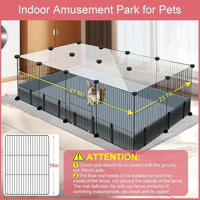 20 Panels Small Animal Playpen, 48" x 24" x 16" Pet Playpen with Waterproof Mat, C&C Cage for Guinea Pigs, Rabbit/Bunny/Baby Chicken Cage,Bunny/Puppy/Chicken Pen Indoor Outdoor Portable Metal Fence
