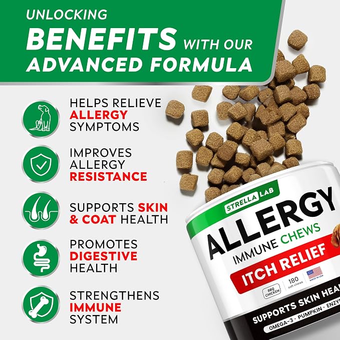 Dog Allergy & Itching Relief - Anti Itch, Skin&Coat Support Chews w/Omega 3