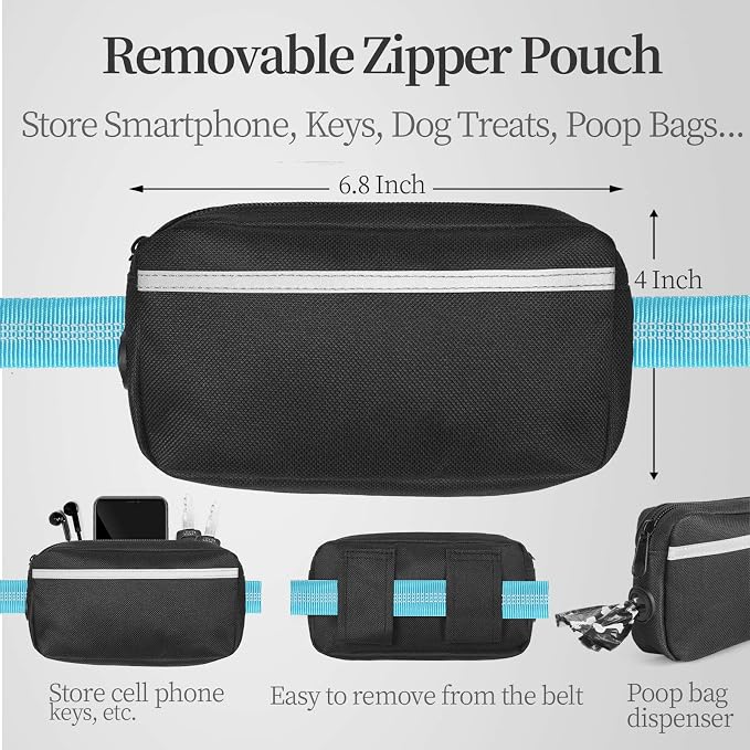 iYoShop Hands Free Dog Leash with Zipper Pouch, Large, 25-120 lbs, Blue | Waist Leash, Dual Padded Handles, Shock-Absorbing Bungee, Adjustable Waist Belt, Walking and Running