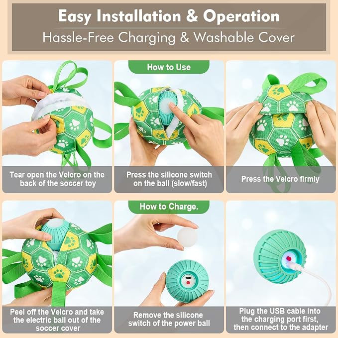 Interactive Dog Toys Dog Soccer Ball to Keep Them Busy(Green) | Durable Automatic Moving Jumping Dog Balls with Straps for Small/Medium/Large Dogs,Rechargeable,Not for Aggressive Chewers