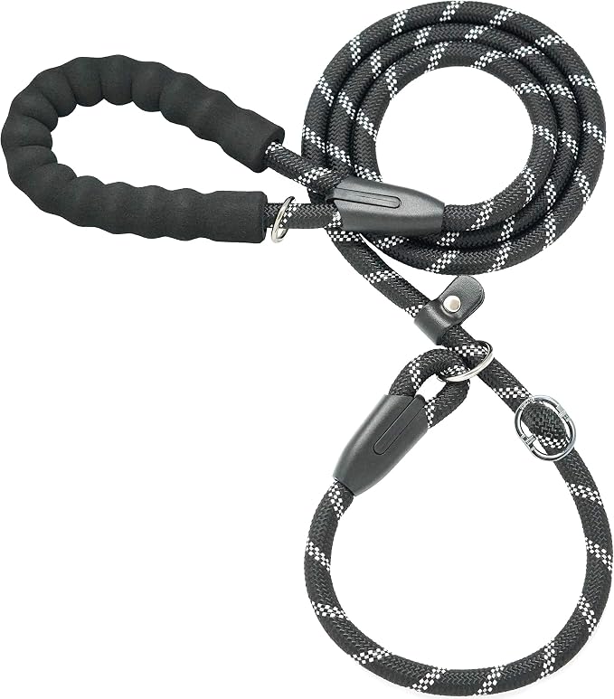 iYoShop Durable Slip Lead Dog Leash, 1/2" x 6 FT, Black | Padded Handle, Reflective Threads, No Pull, Dog Training Leash