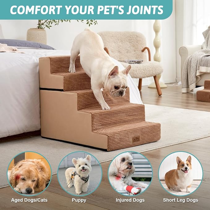 COZY KISS Dog Stairs with Detachable Zipper, 19.7" Extra Wide Right-Angle Pet Stairs for Bed, Anti-Slip Dog Steps for Lowrider and Elderly Cats with Support Board, 19.7x29.5x23.6 inch, Light Brown