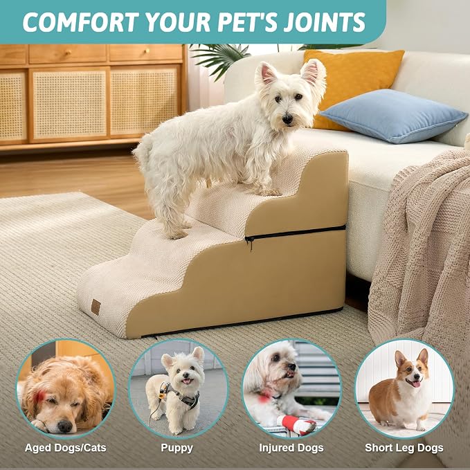 COZY KISS Detachable Dog Stairs for Small Dog 19.7" H, Pet Step for Bed | Curved Stable Pet Ramp for Puppy, Older Cat, Senior, Medium, Short-Legged Dog, 4 Step Non-Slip Ladder, Beige