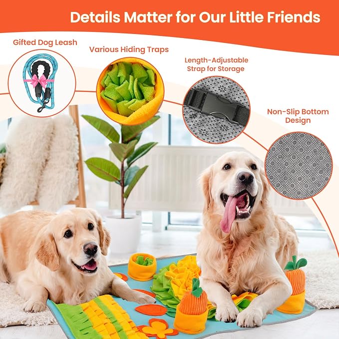 Large 32x20 Snuffle Mat for Dogs, Nosework Slow Feeder Toy | 32x20 Inch Large Size, Multiple Treat Hiding Layers, Mental Stimulation, Includes Leash & Squeaky Toys, Washable Design