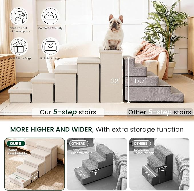 Love's cabin Dog Stairs for High Bed 22" H, Foldable Pet Stairs for Small Medium or Large Dogs Puppy with Storage for Bed or Couch, Cat Dog Steps Ramp with Zip up to 200 lbs, Beige, 5 Steps
