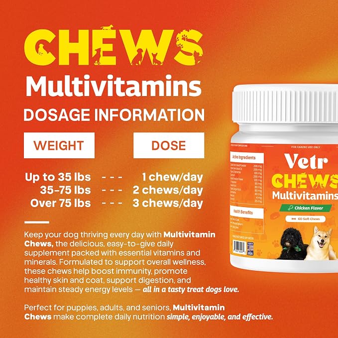 Vetr Dog Multivitamin Treats, 60 Chews Chicken Flavor, Daily Pet Dog Vitamins and Supplements with Glucosamine, Chondroitin, & Probiotics, Hip & Joint, Immune Support, & Digestive Care