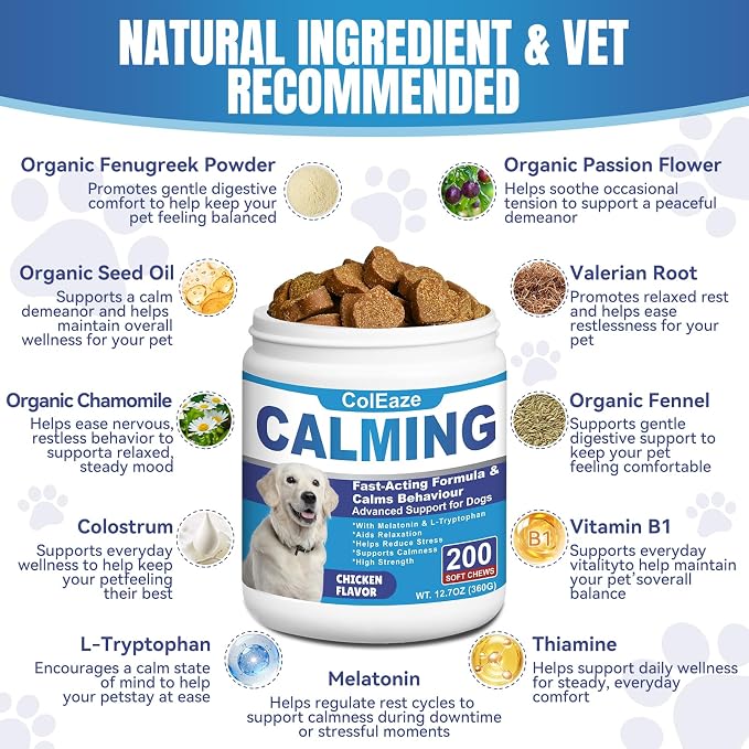 Dog Calming Chews- Sleep Aid Melatonin for Dogs Anxiety Stress Relief Noise, 200-Pack, Small