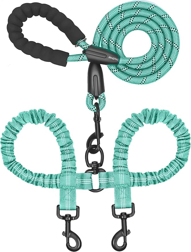 iYoShop Double Dog Leash, 360° Swivel, No Tangle, Large, 25-150 lbs, Teal | Dual Leash for Two Dogs, Split Leash, Shock-Absorbing Bungee, Padded Handle, Heavy-Duty Rope