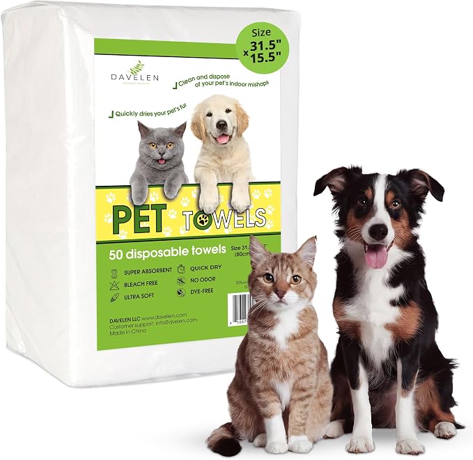 DAVELEN Disposable Pet Towels (White, 31 by 15 inches Each Towel(Pack of 50))