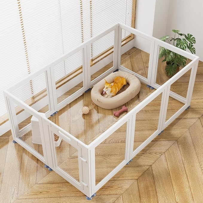 Clear Acrylic Dog Playpen Indoor, Puppy Cat Small Pet Play Pen, Pet Cat Playpen for Rabbits, Dog Fence Crate Kennel Whelping Cage (24", White, 10 Panels) (Full View Playpen, 30" Extra Tall)