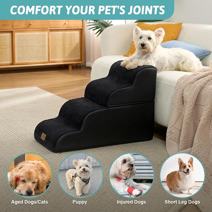 COZY KISS Detachable Curved Dog Stairs 19.7" H, 4 Step Small Dog Step for Puppy or Older Cat, Ramp for Bed, Sofa, Couch or Chair, Ladder with High Density Foam, 15.7x28.3x19.7 inch, Black