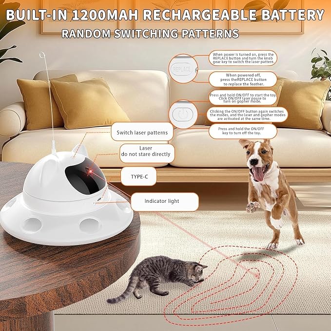 3-in-1 Auto Laser Cat Toy, USB Recharge Motion Activated Kitten Feather Chase Toy - Pure White