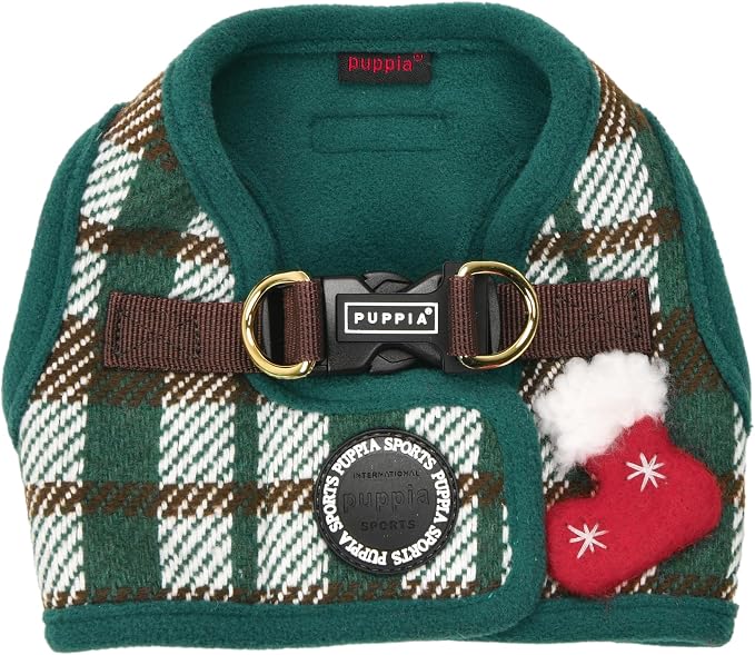 Puppia Festive Vest Dog Harness Step-in Warm Winter Checkered Pattern for Small and Medium Dog, Green, Large