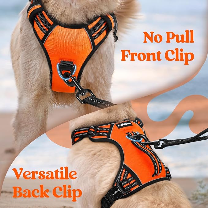 rabbitgoo Large Dog Harness, Easy Wear with 3 Buckles and Lift Handle | No Pull with Front Clip for Walking, Adjustable Soft Padded, Reflective, Easy Control, Orange, Medium