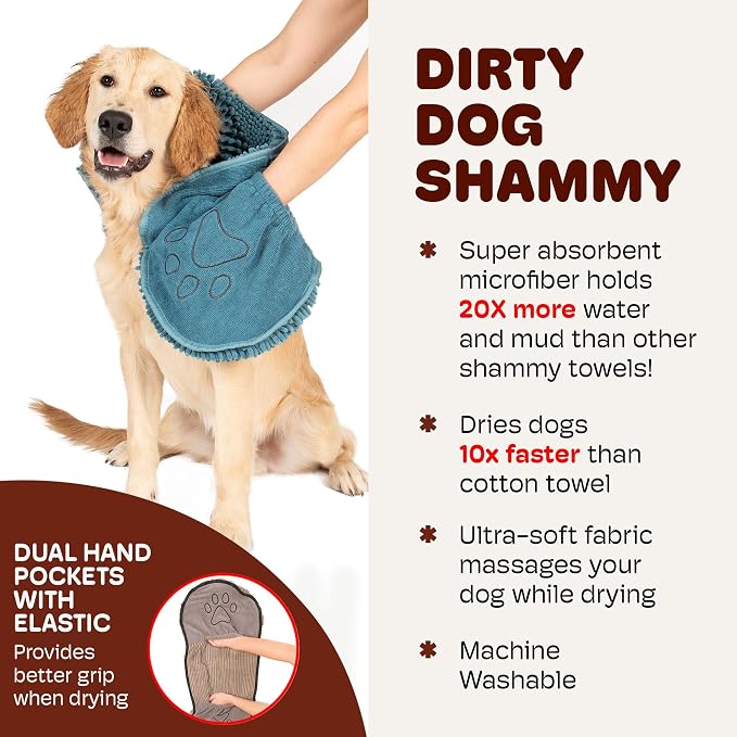 Dog Gone Smart The Dirty Dog Shammy - 2-Pack, Antimicrobial Microfiber Dog Towel for Odor Control, Fast-Drying Plush, Dual Hand Pockets & Super Absorbent, Machine Washable - 31 x 13 in, Pacific Blue