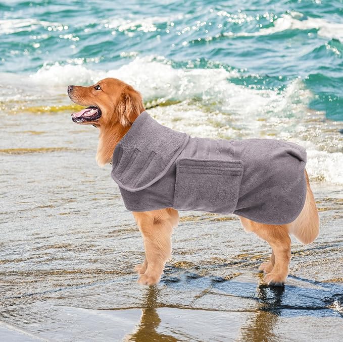Geyecete Dog Drying Coat - Dog Bathrobe Towel - Microfibre Fast Drying Super Absorbent Pet Cat Bath Robe Towel, Luxuriously Soft - Gray - XXXL