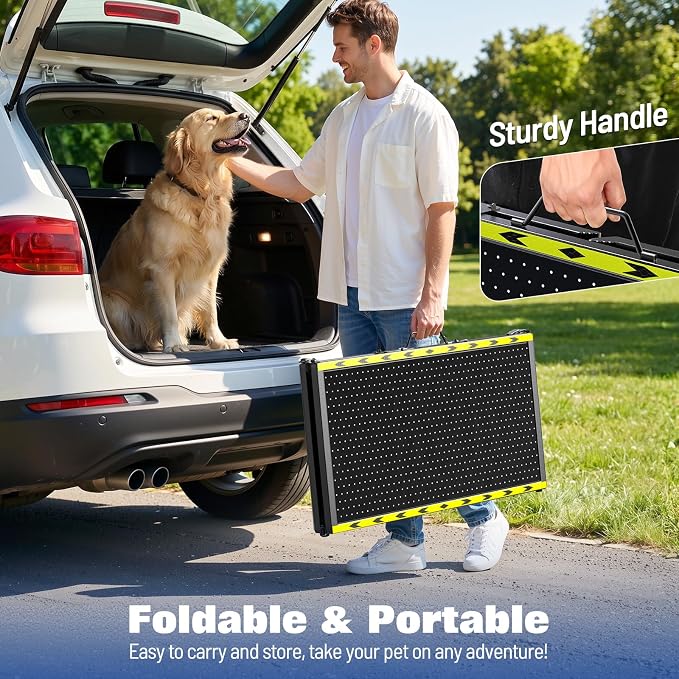74" L x 20" W Extra Long Dog Ramp for Car - Wider Portable Pet Ramp for Large Dogs, Foldable Dog Car Ramps for Truck, SUV, RV & Bed, Outdoor Dogs Ramps with Non-Slip Mesh Supports Up to 250LBS, Black