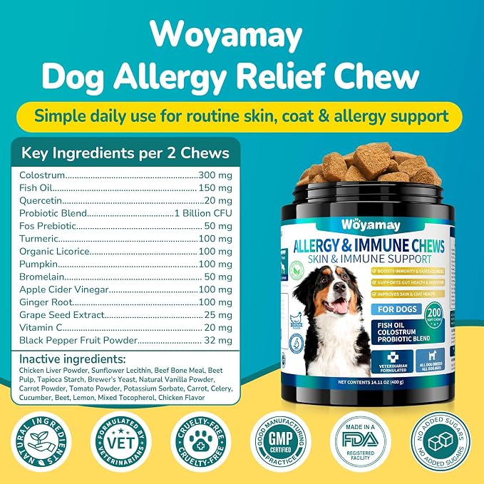 Woyamay Dog Allergy Chews, Dog Itching Skin Relief Chews, 200 Soft Bites