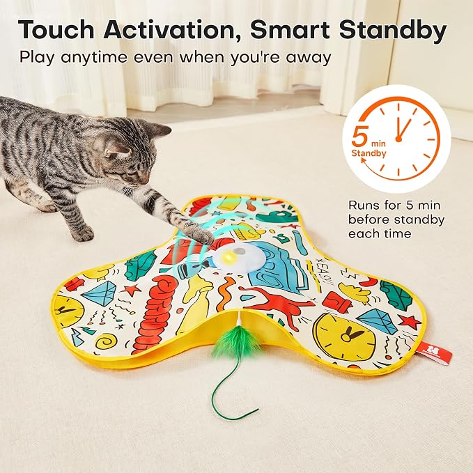 Potaroma Interactive Cat Feather Toys, Hide and Seek Moving Feather Wand | Rechargeable Touch Activated Indoor Kitten Exercise Kicker, Mouse Squeaky, Graffiti Cover