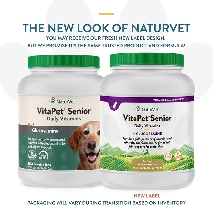 NaturVet VitaPet Senior Daily Vitamin Dog Supplements - 365 Ct | Full Spectrum of Vitamins & Minerals, Enhanced with Glucosamine for Added Joint Support, 365 Time Release Tablets