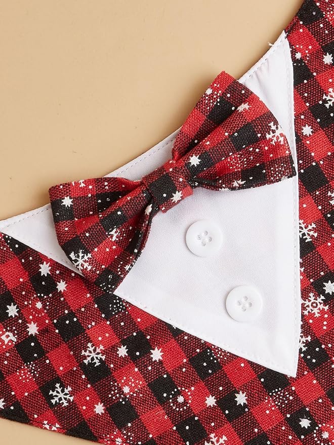 Adjustable Red Plaid Christmas Dog Tuxedo Bandana with Bow Tie, X-Small, XS, Red